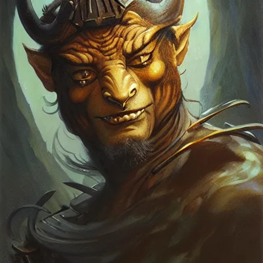 Prompt: head and shoulders portrait of a rakshasa, d & d, fantasy, greg rutkowski, frank frazetta, alexandre chaudret, boris vallejo, michael whelan, miro petrov, hr giger, magali villeneuve, donato giancola