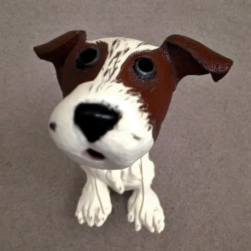 Prompt: a high quality sculpture of a very cute scruffy wire haired jack russell terrier puppy, white with chocolate brown spots, brown patches over both eyes. friendly, curious expression