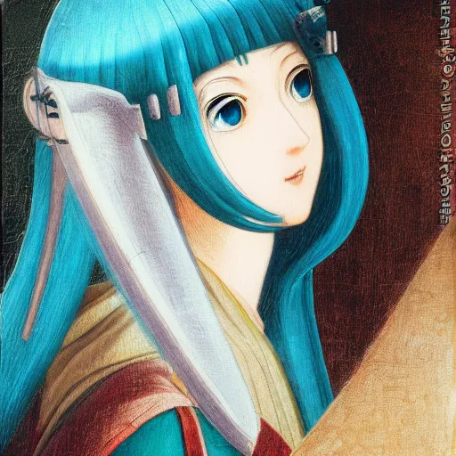 Image similar to hatsune miku in the style of leonardo da vinci, oil painting