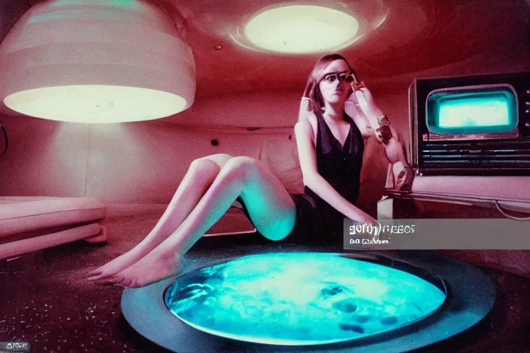 Image similar to closeup view of young woman wearing discowear sitting inside of a unlit lit large 1970s luxury underwater cabin with a soviet computer console on the wall and suspended fireplace in living room, large windows, an exterior of deep-sea bioluminescent fish species and faint shark head, ektachrome photograph, volumetric lighting, f8 aperture