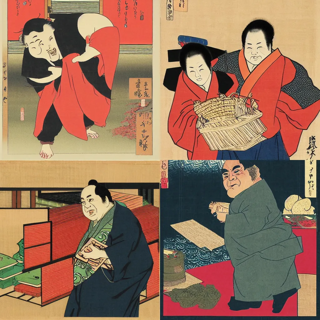 Prompt: danny devito shopping for groceries, ukiyo-e on woodblock