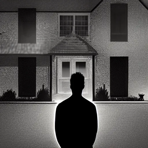 Image similar to silhouetted man standing outside suburban house, moody, shadows, night, creepy lighting, ultra - realistic, artstation award, show figure, silhouette, lighted windows, illustration, concept art, neighborhood house