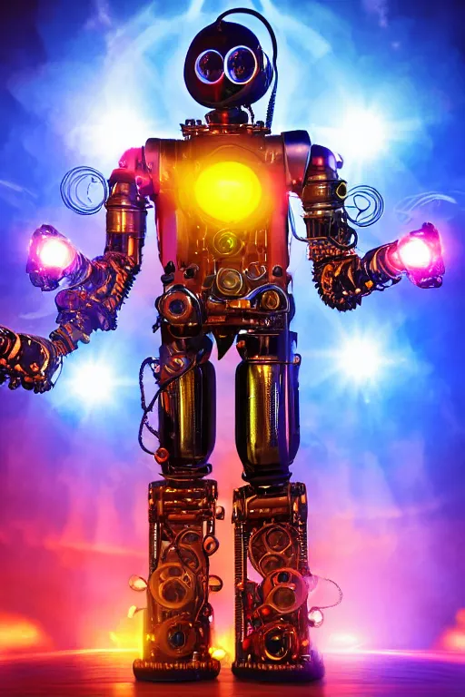 Image similar to portrait photo of a giant huge golden and blue metal humanoid steampunk robot singer wearing headphones and gears and tubes, a big red glowing microphone on a tripod, eyes are glowing red lightbulbs, shiny crisp finish, 3 d render, 8 k, insaneley detailed, fluorescent colors, background is multicolored lasershow