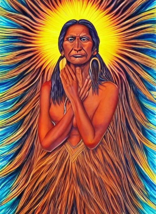 Image similar to a realistic portrait of a beautiful indigenous woman blending with the sun, exploding in energy, art by alex gray