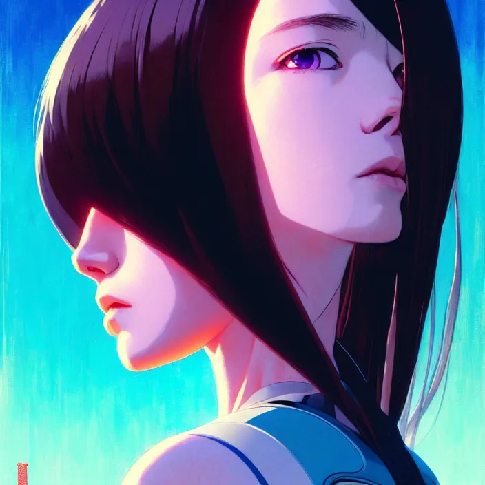 Image similar to side portrait of cyborg girl | | head and shoulders only, audrey plaza, fine detail!! anime!! realistic shaded lighting!! poster by ilya kuvshinov katsuhiro otomo ghost - in - the - shell, magali villeneuve, artgerm, jeremy lipkin and michael garmash and rob rey