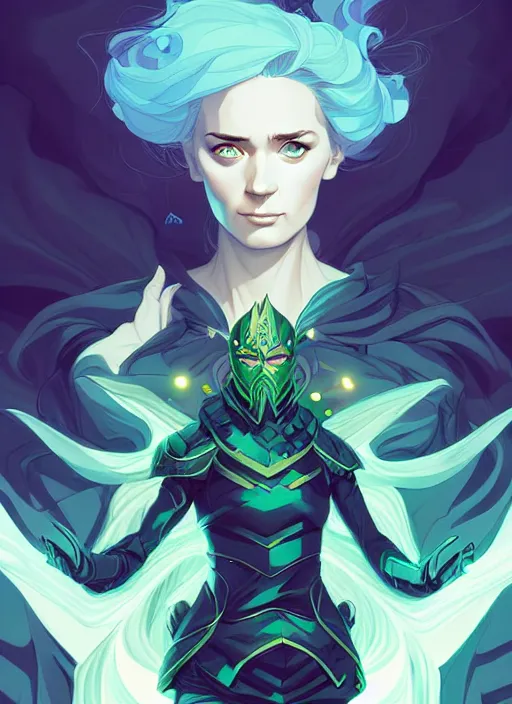 Image similar to style artgerm, joshua middleton, illustration, emily blunt as rune knight wearing green pelt light armor, anime eyes, blue hair, swirling water cosmos, fantasy, dnd, cinematic lighting