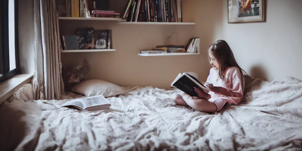 Image similar to girl sitting reading a book in her room, cozy, late afternoon, cinematic