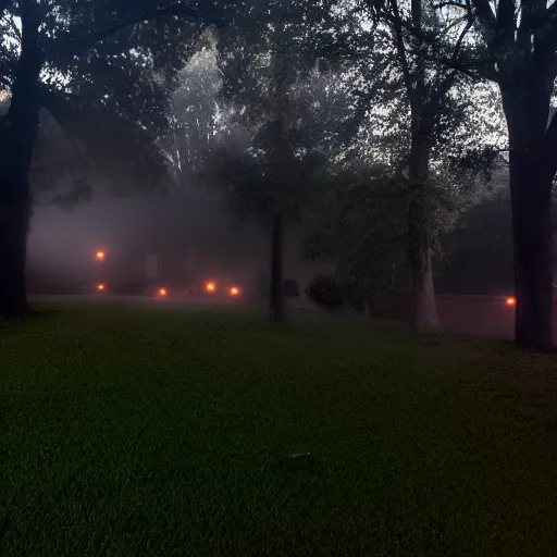 Image similar to poor neighborhood, overgrown, photo taken from a porch, fog rolling along the ground, ethereal, police lights shining off camera