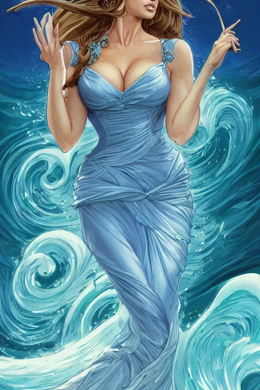 Image similar to Sofía Vergara as a heroine with a dress inspired by the great wave off kanagawa, digital painting, artstation, concept art, smooth, sharp focus, illustration, in-frame, centered, art by artgerm and donato giancola and Joseph Christian Leyendecker, Ross Tran, WLOP