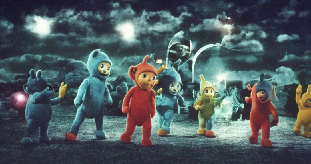 Prompt: teletubbies directed by zack snyder, cinematic, 3 5 mm film, dark, dramatic, movie