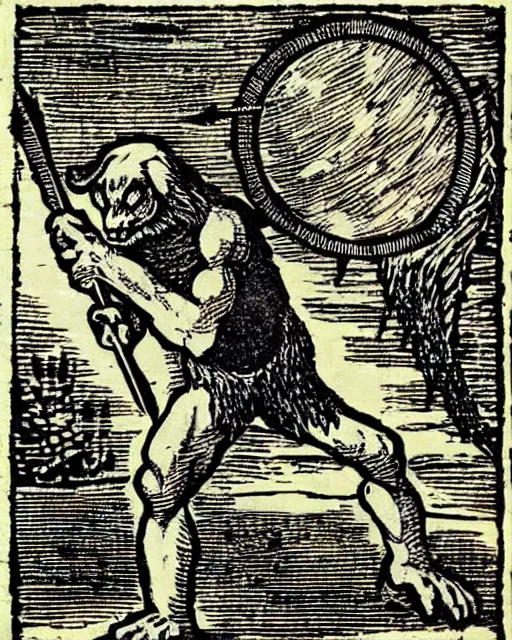 Prompt: woodcut of a lycanthrope being killed by a spear