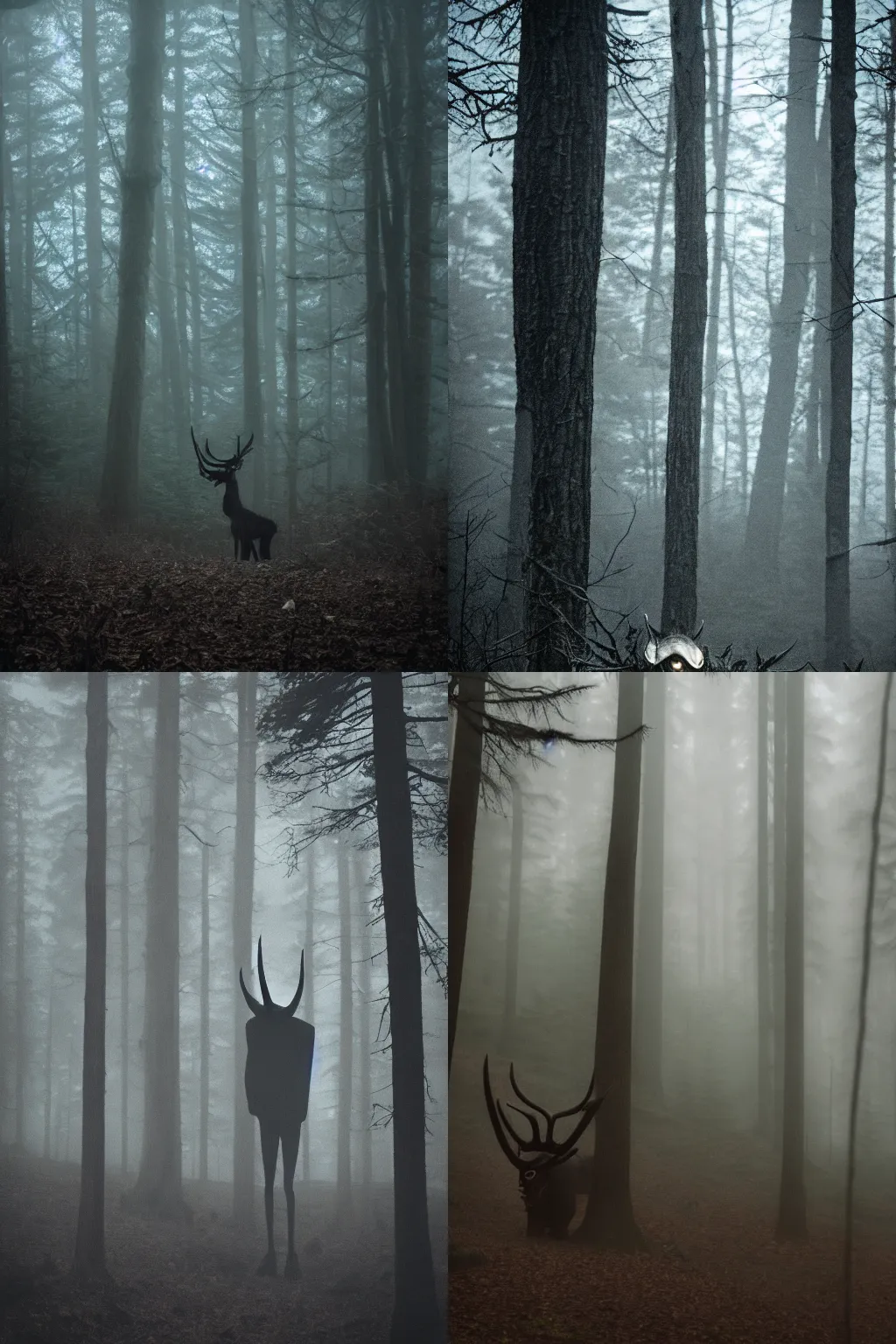 Prompt: a Wendigo lurking in the forest, foggy, overcast day, moody, dark, mysterious grainy