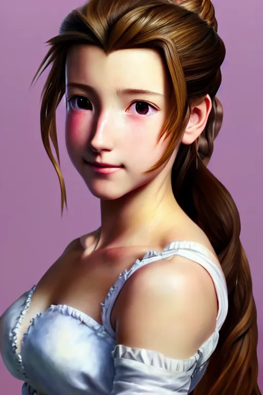 Image similar to subject : detailed full body portrait illustration of aerith gainsborough perfect face, medium : oil on canvas, style : realistic pose study portrait, maximalist, accurate, full color chiaroscuro artist : tetsuya nomura, 4 k, focus : full body and head