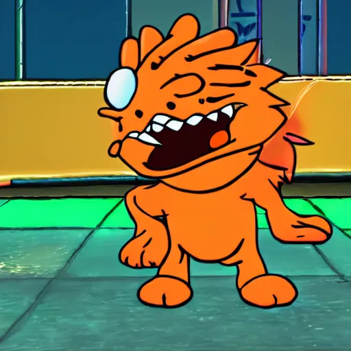 Image similar to neon white video game, garfield as mikey from neon white, screenshot