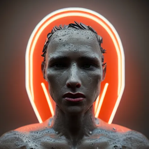 Image similar to a human sculpted out of rain, neon, rendered in octane, unreal engine, highly detailed, realistic, beautiful, emotional