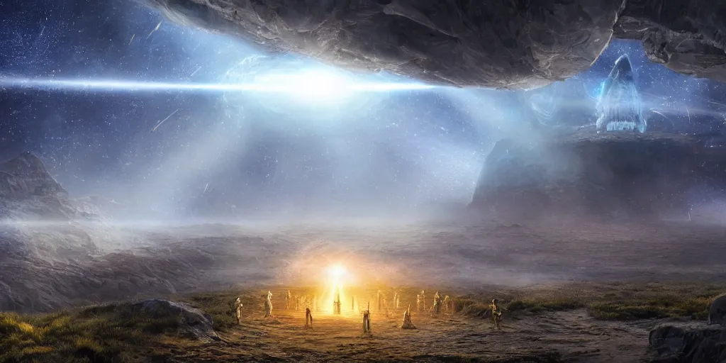 Image similar to ancient alien portal, crowd of androids, beams of light from sky, wormhole, matte painting, dreamscape, digital rain, stars, global illumination, the great beyond, trending on artstation
