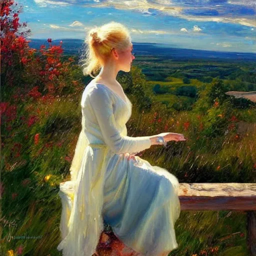 Image similar to blonde woman watching over the swedish countryside, archipelago, masterpiece, highly detailed, beautiful, atmospheric, impressionism, painting by Vladimir Volegov