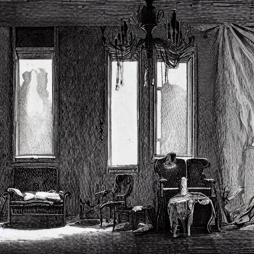 Image similar to living room of an abandonded house, illustration by Gustav Doré, Chiaroscuro, dramatic light