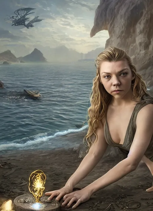 Prompt: Natalie Dormer as Margaery Tyrell as a ruggedly handsome heroine kneeling next to a glowing artifact lodged in shallow water, intricate, elegant, highly detailed, artstation, concept art, smooth, sharp focus, illustration, art by artgerm and donato giancola and Joseph Christian Leyendecker, WLOP, fireflies