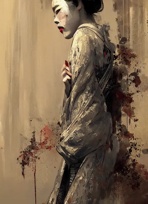 Image similar to female geisha girl, beautiful face, rule of thirds, intricate outfit, by greg rutkowski, by jeremy mann, digital painting