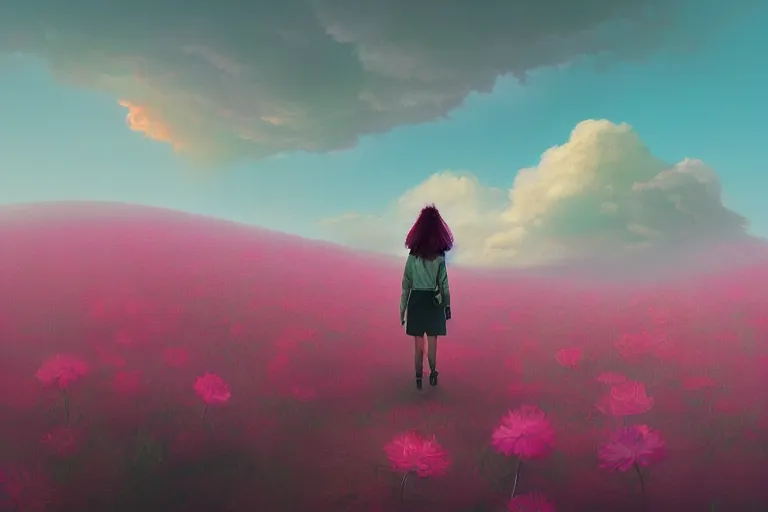 Image similar to giant dahlia flower blooming head, girl walking on mountain, surreal photography, pink storm clouds, dramatic light, impressionist painting, digital painting, artstation, simon stalenhag