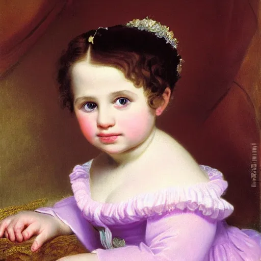 Prompt: portrait of a german toddler princess sitting down in a silk lavender gown, circa 1 8 3 7, by carl joseph begas, highly detailed, beautiful, oil on canvas, 1 8 3 0 s, romanticism