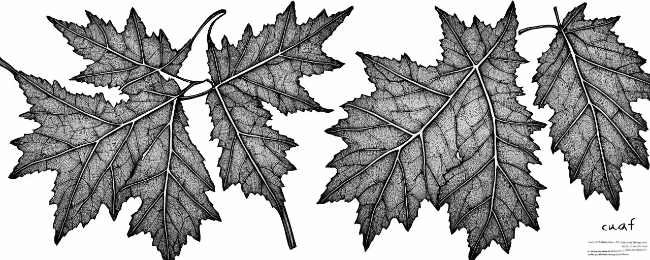 Image similar to leaf schematic, hybrid between oak leaf and wine leaf, ultra detailed, 4 k, intricate, encyclopedia illustration, fine color inking lines