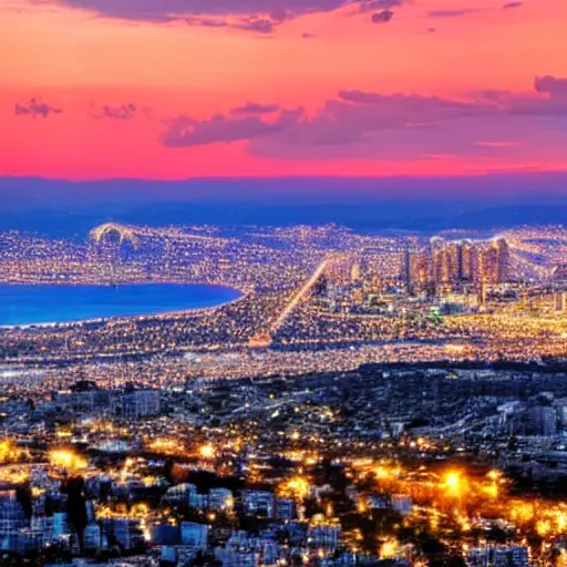 Image similar to a beautiful haifa city with lots of glowing crystals, sunset lighting,