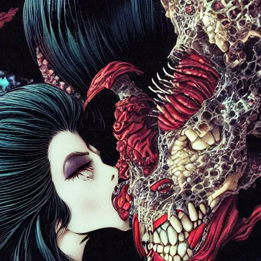 Image similar to closeup of vampire kiss, wax, by yoichi hatakenaka, masamune shirow, josan gonzales and dan mumford, ayami kojima, takato yamamoto, karol bak