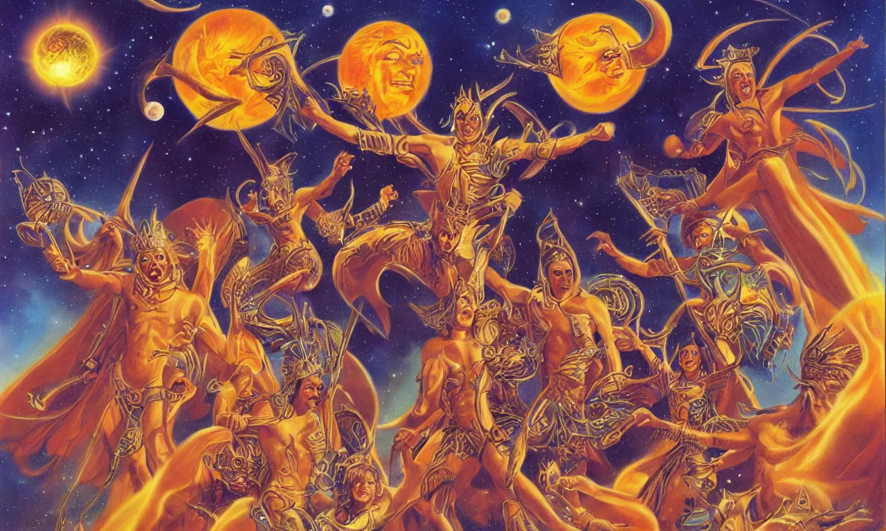 Image similar to sun king and moon boys in the cosmic court of mystical astronomy, art by boris vallejo and manuel sanjulian