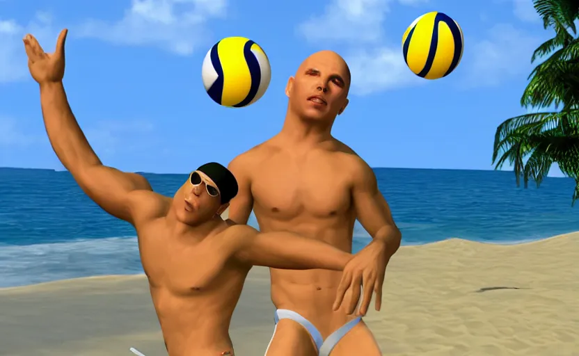 Image similar to pitbull in a speedo playing beach volleyball with a corporate mascot, ps 2 game screenshot