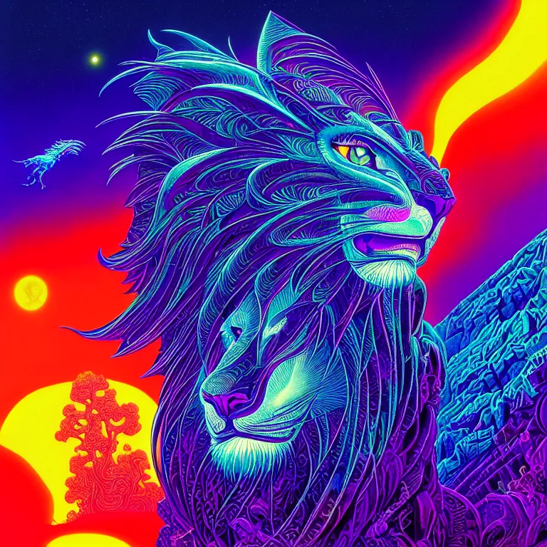 Prompt: mysterious winged lion over crystal temple, infinite fractal tesseract, quantum waves, synthwave, bright neon colors, highly detailed, cinematic, eyvind earle, tim white, philippe druillet, roger dean, ernst haeckel, lisa frank, aubrey beardsley, kubrick