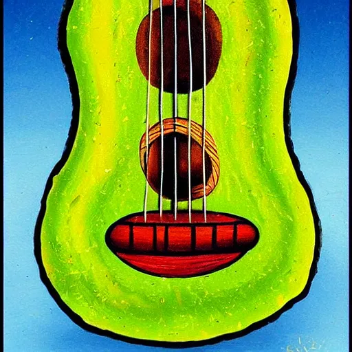 Image similar to avocado ukulele painted by mati klarwein