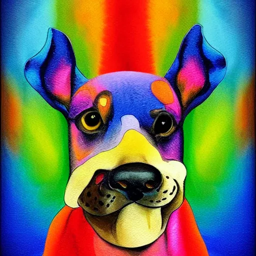 Image similar to portrait friendly cute happy stylish realistic rainbow dog. background in the style of art nouveau. lively. colorful. hd.