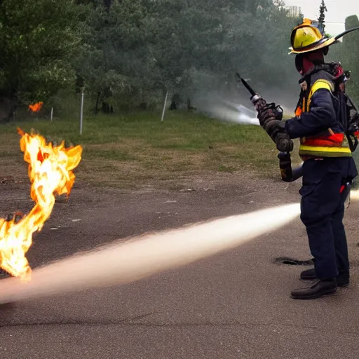 Image similar to a firefighter using a flamethrower