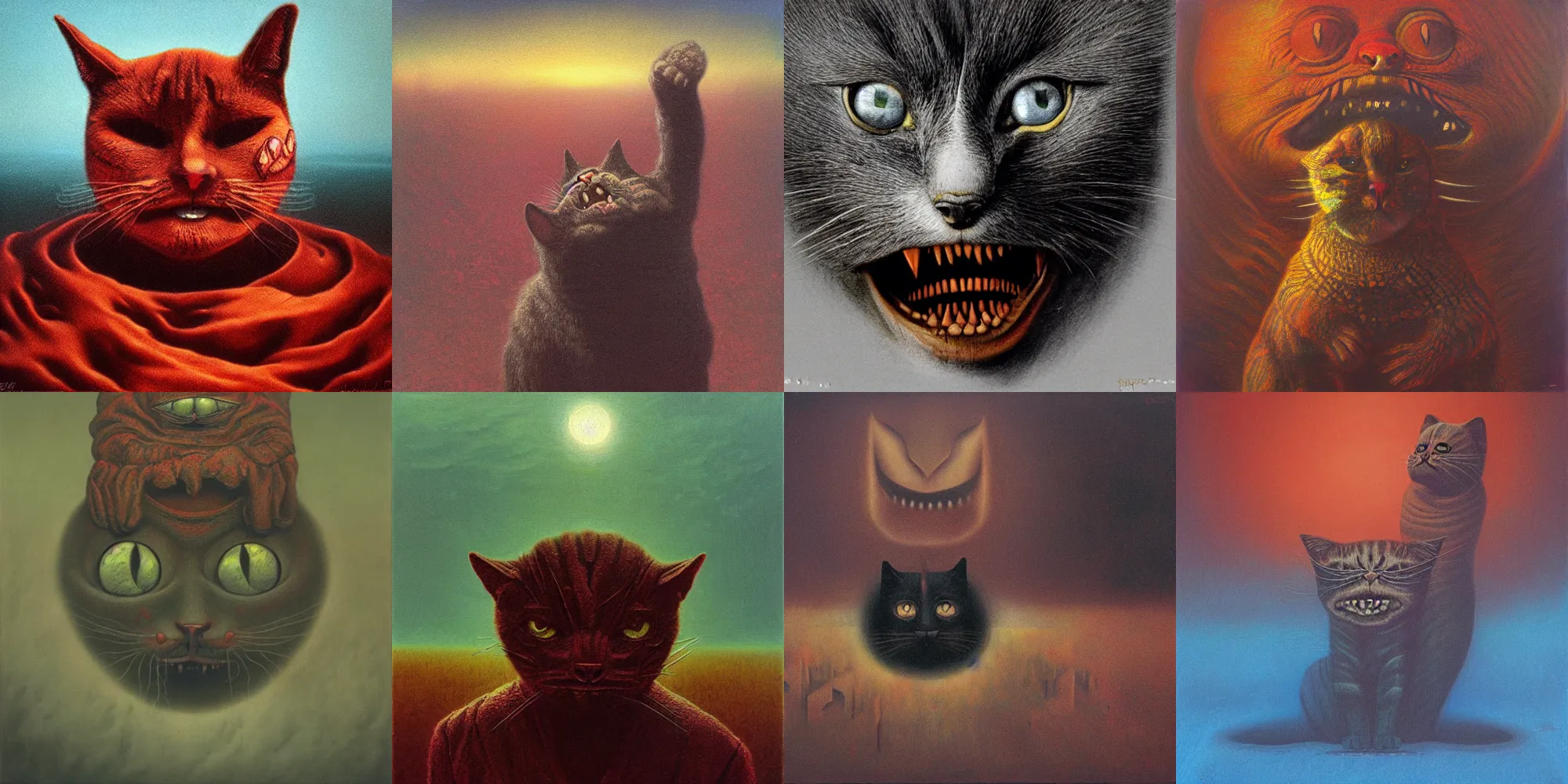 Image similar to grinning evil cat, HD, award winning, in style of beksinski, film grain, medium format, 8k resolution, oil on canvas