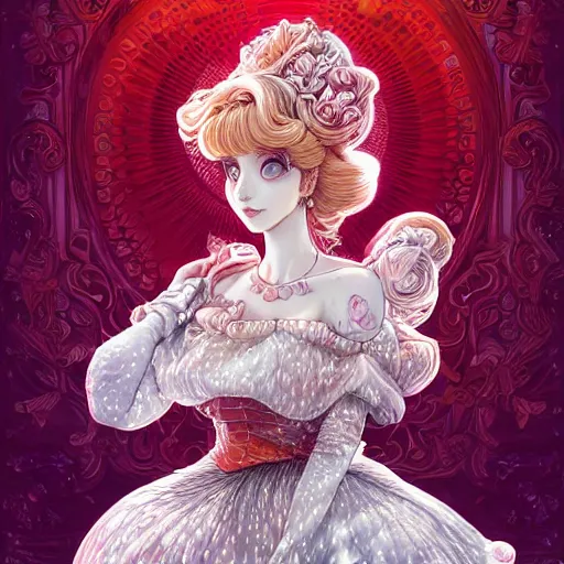 Image similar to the portrait of an absurdly beautiful, graceful, elegant, sophisticated, fashionable princess peach made of red and white spotted mushrooms and white petals, an ultrafine hyperdetailed illustration by kim jung gi, irakli nadar, intricate linework, bright colors, octopath traveler, final fantasy, unreal engine 5 highly rendered, global illumination, radiant light,