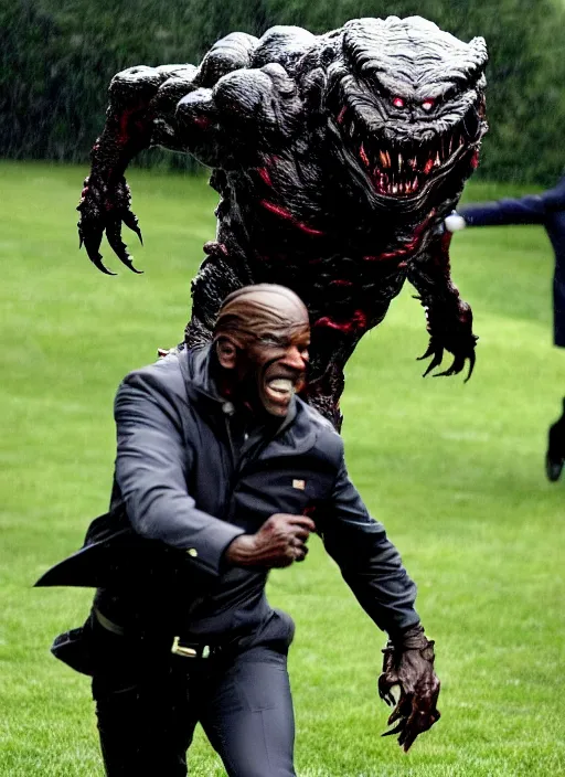 Image similar to joe biden is running terrified from a monster from predator that is chasing him on the white house lawn during a storm