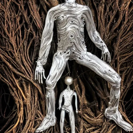 Image similar to a human man statue stuck in a cosmic tree, a sense of awe, amazement, monogon, plasma display, wooden, silver, mercury, damascus, armature wire, multiscopy, morph, in a symbolic and meaningful style, insanely detailed and intricate, hypermaximalist, elegant, ornate, hyper realistic, super detailed,