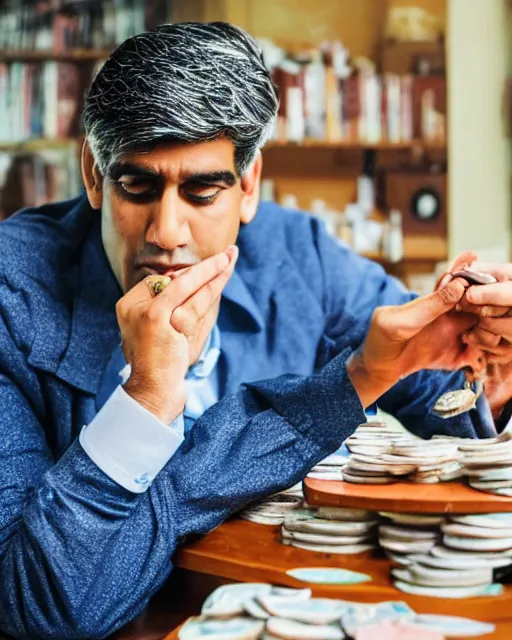 Image similar to film still close - up shot of rishi sunak counting money from the movie monty python's the meaning of life. photographic, photography