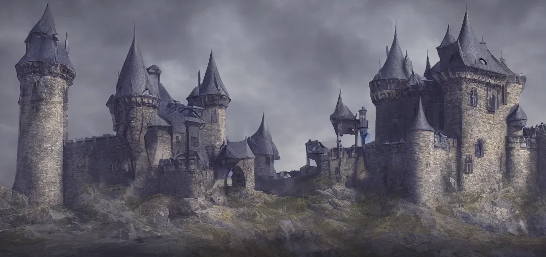 Image similar to A digital concept art painting of a dark blue medieval european ghotic castle with black brick in desert, 4K UHD image, unreal engine