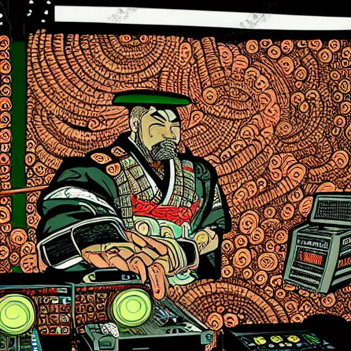 Image similar to intricate detailed artwork of a samurai dj at an underground warehouse rave in the style of Geof Darrow, wires, speakers, neon