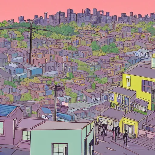 Image similar to city street, sloped street, city on tall hillside, street scene, rollerbladers grinding on rails, skaters, rollerskaters, cel - shading, 2 0 0 1 anime, flcl, jet set radio future, golden hour, japanese town, concentrated buildings, japanese neighborhood, electrical wires, cel - shaded, strong shadows, vivid hues, y 2 k aesthetic