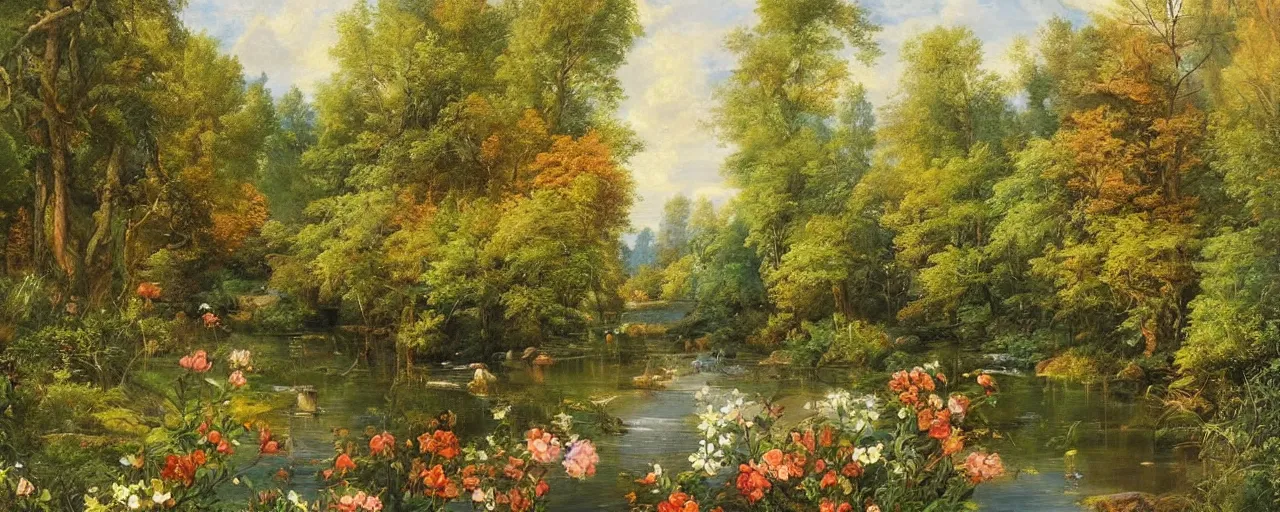 Prompt: a beautiful river running through a forest, flowers, birds, classic painting, award winning, highly detailed