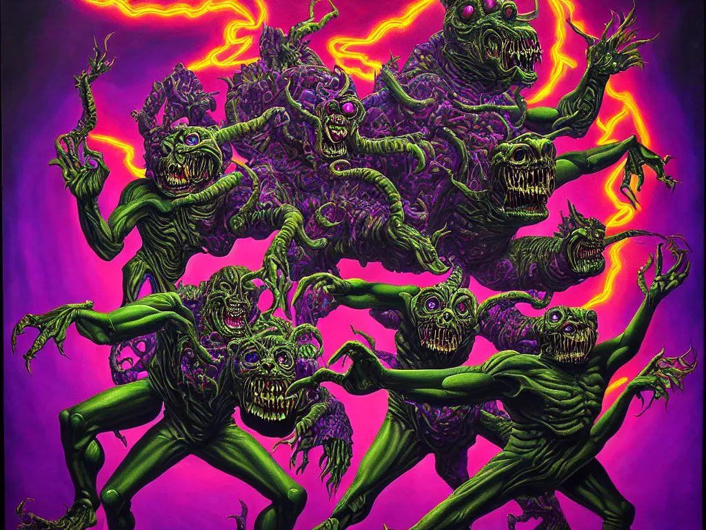 Image similar to a hyperrealistic painting of an epic boss fight against an ornate supreme dark psychic overlord, cinematic horror by chris cunningham, lisa frank, richard corben, highly detailed, vivid color,