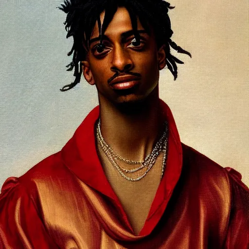 Image similar to a renaissance style portrait painting of playboi carti