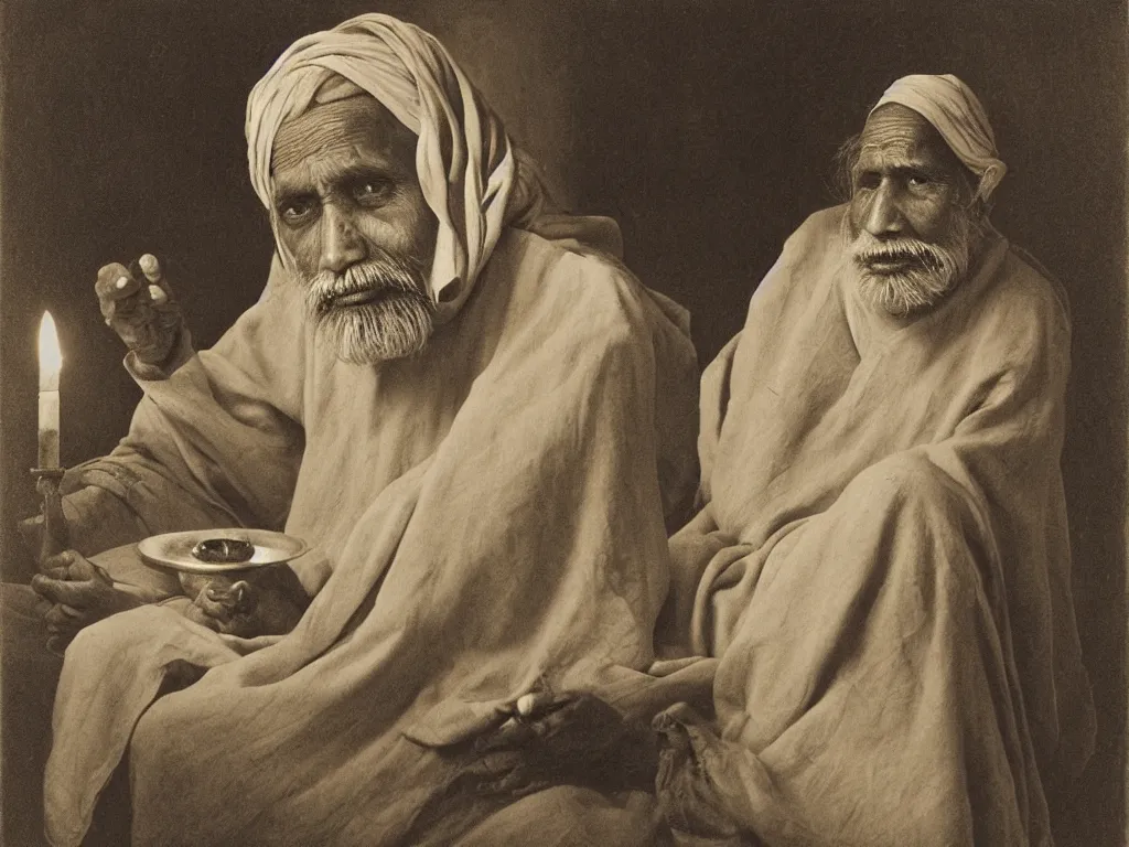 Prompt: Expressive portrait of an old Indian mystic. Candlelight. Painting by Georges de la Tour, August Sander