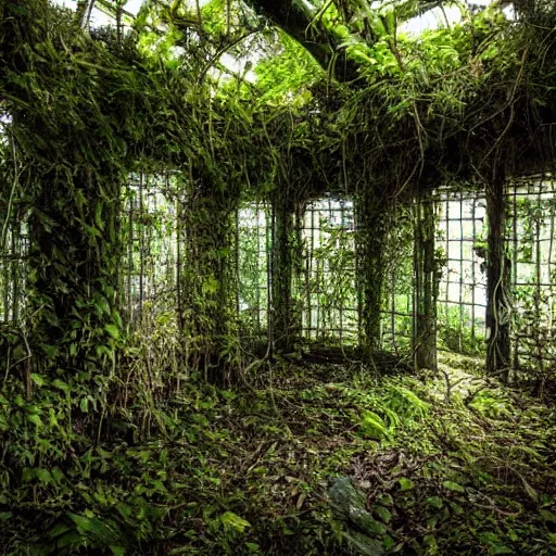 Prompt: abandoned, overgrown, underground bunker. jungle room with trees.