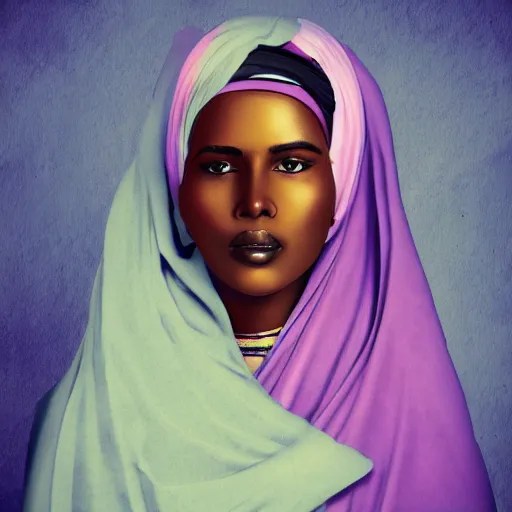 Image similar to a vintage image of a somali woman, on a painterly background, somali attire, beautiful, dreamy, pastel, digital, photo realistic, detailed face, sharp focus