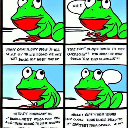 Prompt: a four panel comic about a talkative frog